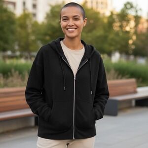 DKNY Black Textured Ribbed Full Zip Hoodie Sweatshirt Womens